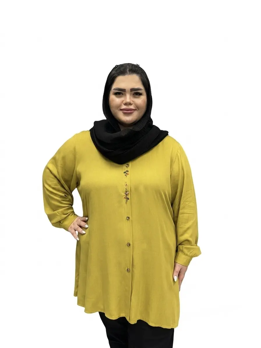 شومیز مانتویی سایز بزرگ زنانه نخی طرح گلدوزی خوشه ای